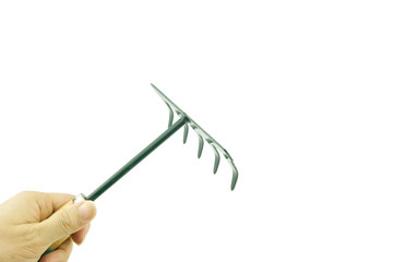 Man holding green harrow on bottom left isolated