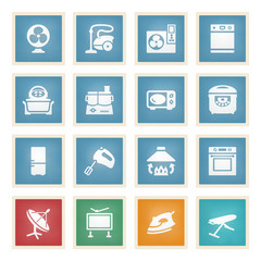 Home appliances white icons on color paper.