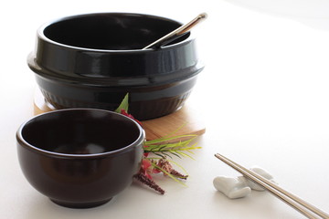 Fototapeta premium Korean tableware, hot pot on with cutlery