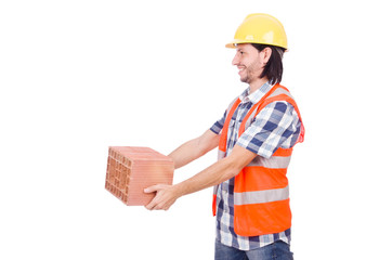Builder with clay bricks isolated on white