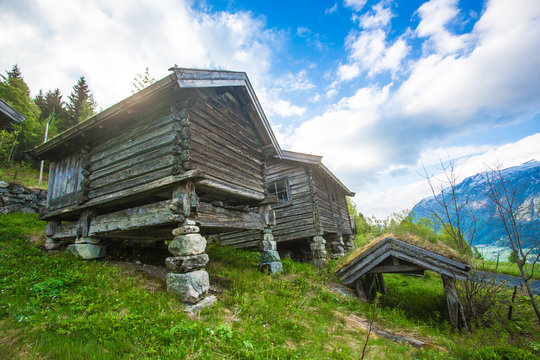 Typical houses with grass roof on an old Norwegian farm