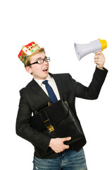 Man with crown and megaphone isolated on white