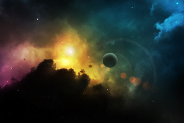 Fantasy space nebula with planet