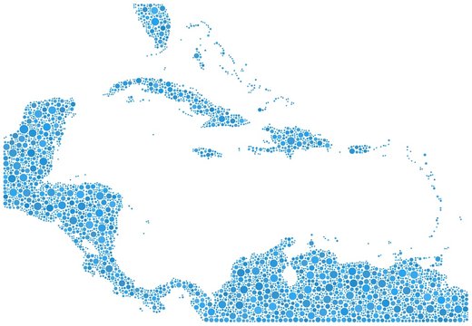 Decorative map of Caribbean Islands in a mosaic of blue bubbles