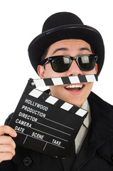 Man with movie clapper isolated on white