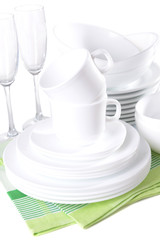 Set of white dishes close-up