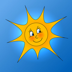 Illustration of yellow sun with smile on blue sky