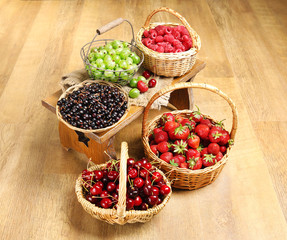 Fresh berries in basket on wooden background
