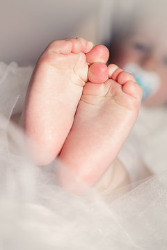 Closeup of a baby's feet with a white blanket