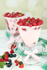Tasty raspberry dessert with berries