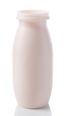 Open bottle of yogurt isolated on white