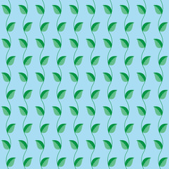 Seamless  pattern green leaves blue background. Vector
