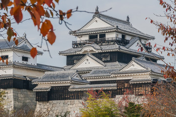秋の松山城の大天守と一の門南櫓