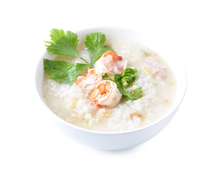 thai food, prawns with boiled rice on white.
