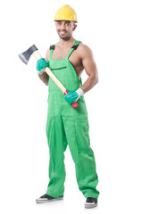Worker with axe isolated on white