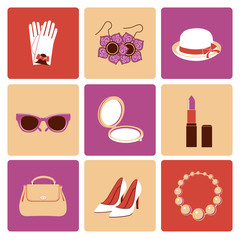 Woman accessories flat icon set