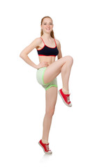 Young woman doing sport exercises isolated on white