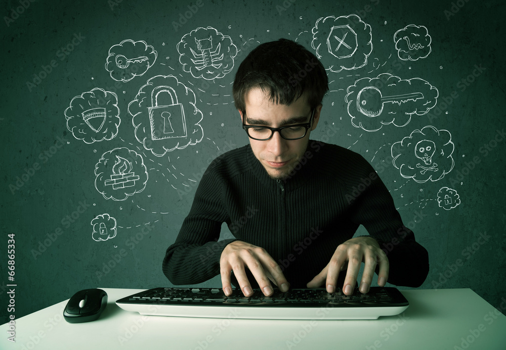 Poster Young nerd hacker with virus and hacking thoughts