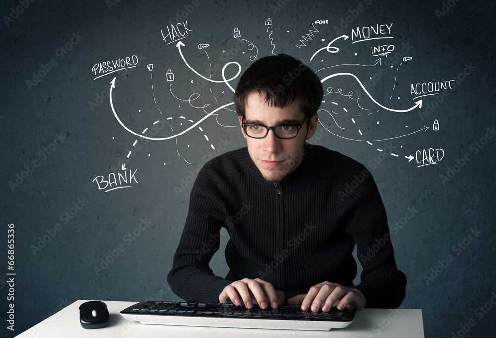 Poster young hacker with white drawn line thoughts