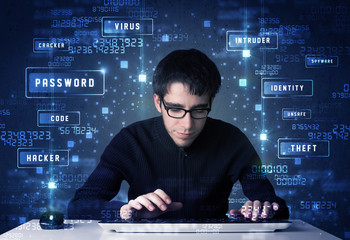 Hacker programing in technology enviroment with cyber icons