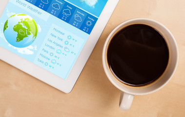 Tablet pc showing weather forecast on screen with a cup of coffe