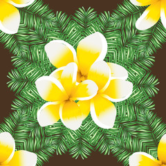 Plumeria seamless vector pattern palm leaves.