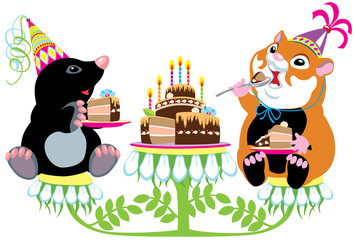 mole and hamster eating birthday cake