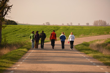 grupo de seis personas caminando por una carretera