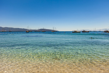 Yacht at anchor in a beautiful bay near Bodrum, Turkey