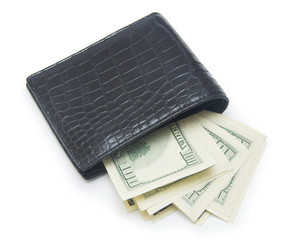 Leather wallet with money isolated on white background