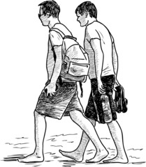 guys walking on a beach