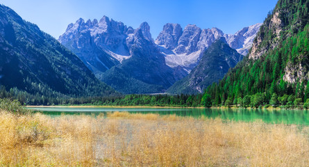Tranquil summer Italian dolomites mountain lake