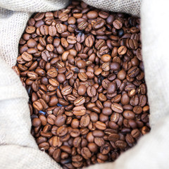 Coffee beans in the sack close up