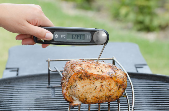 Pork roast on the grill with thermometer