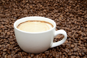 cup of coffee with cream on a coffee beans background