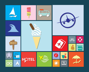 Flat colourful holiday, vacation or beach icons