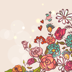 Floral background with roses and birds