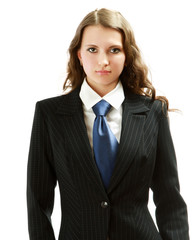 Portrait of a young woman standing isolated on white background