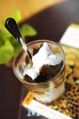 close up cold coffee cube in glass