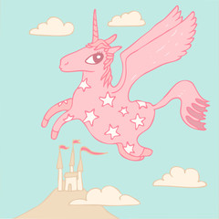 Cartoon magic unicorn vector illustration, hand drawn