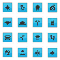 square Summer button and icon set with light sweep blue style