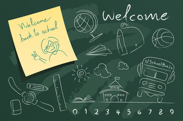 set of school vector illustrations on green blackboard