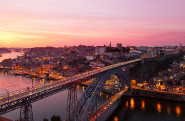 Fototapeta na wymiar Portugal, Porto, Luis I Bridge on a sunset, top view