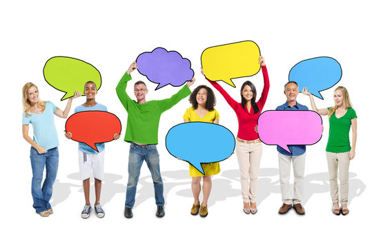 Diverse People Holding Colorful Speech Bubbles