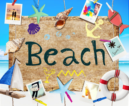 Hanging Beach Signboard with Summer Objects and Photos