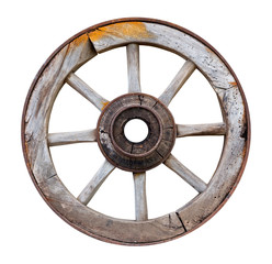 Old wooden wheel on white background