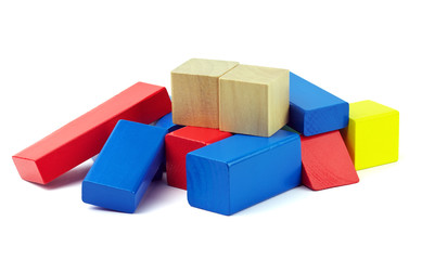Wooden colorful bricks isolated on white background. Wooden toy