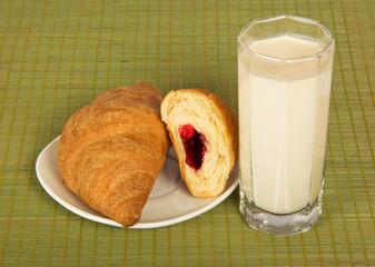 Glass of milk and croissants