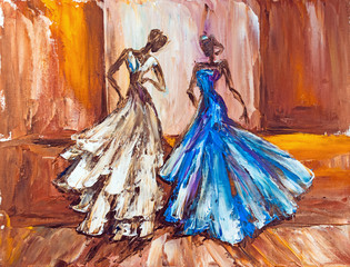 Naklejka premium Two beautiful women at the ball. Oil painting.