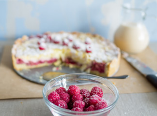Home food set consisting of fresh raspberries, raspberry cheesec